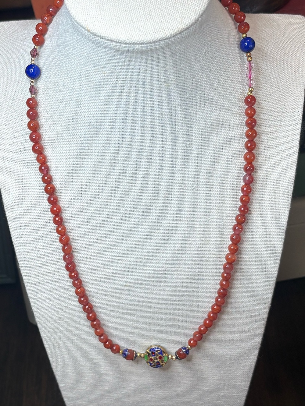 Vintage Carnelian Style Beaded Cloisonné Necklace